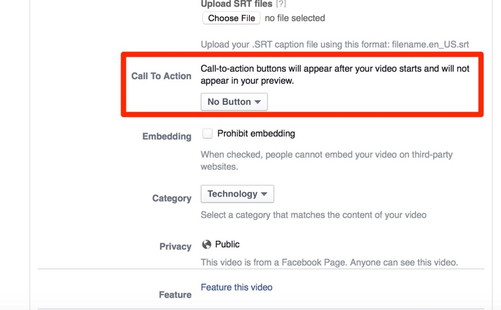 facebook video CTA on page