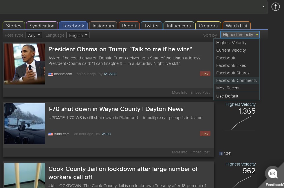 Screenshot of Facebook stories on NewsWhip Spike