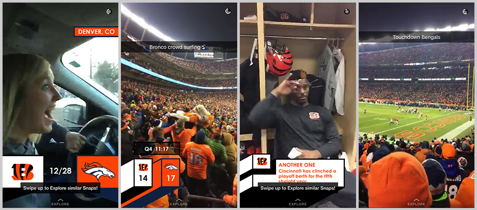 The Denver Broncos vs. Cincinnati Bengals Snapchat story during their December 28th game, as reported in our “5 Tools Every Sports Social Marketer Needs” post