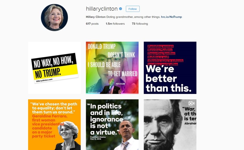 Screenshot of Hillary Clinton's Instagram page