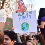 Climate strike signs and protestors