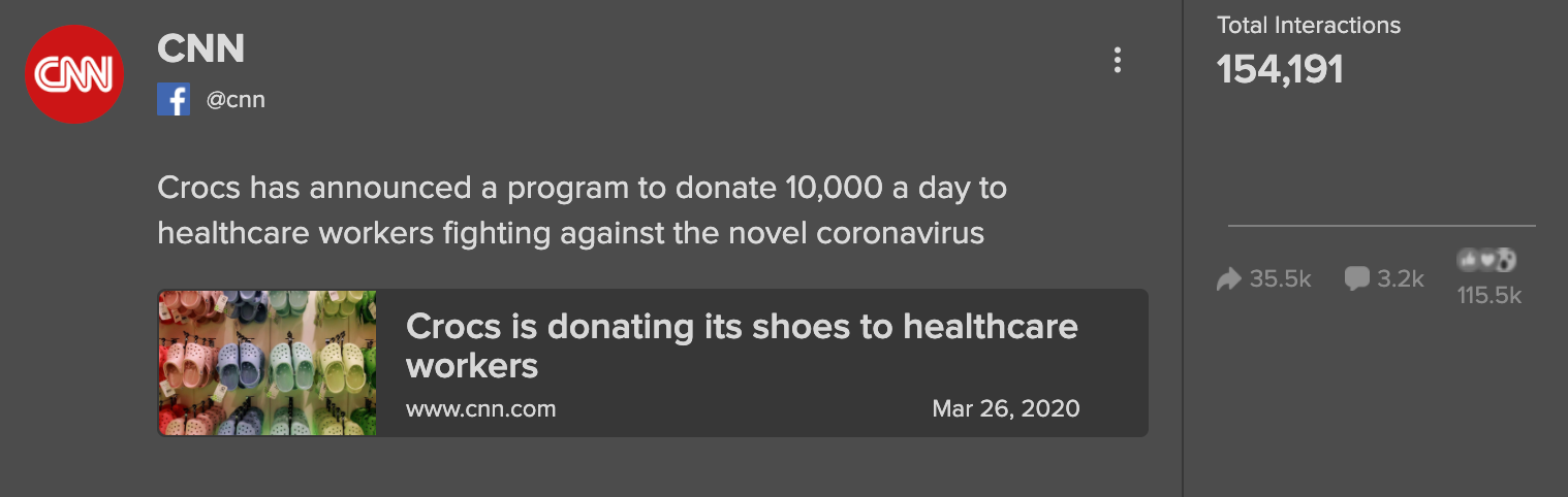 Screenshot of a story about crocs making covid donations