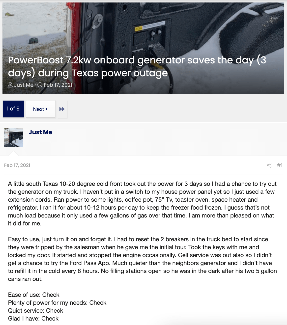 Screenshot of a story talking about Ford's F-150 generator helping during the Texas ice storms